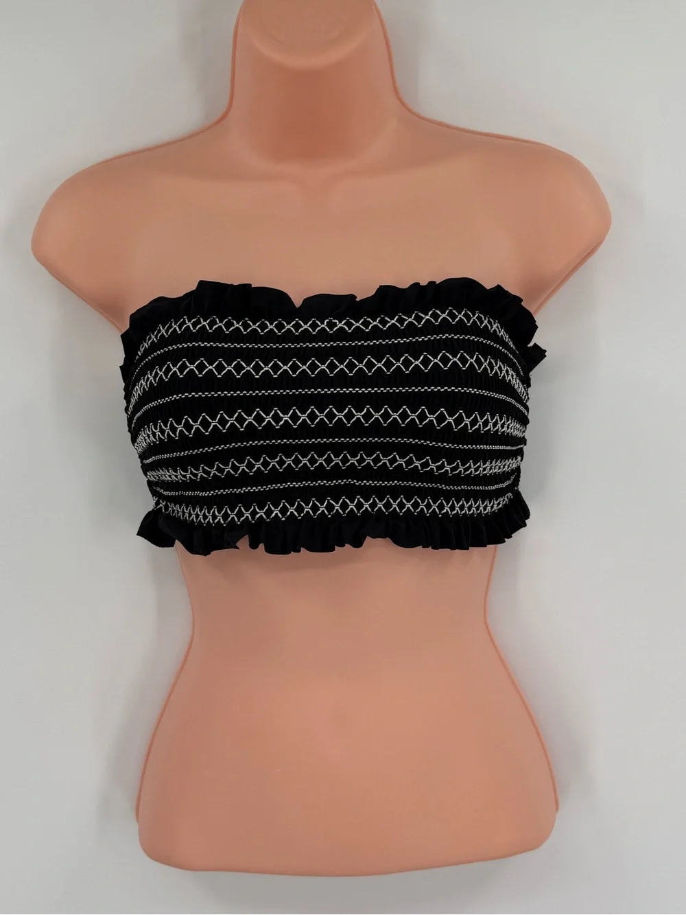 Tory Burch Costa Smocked Bandeau Bikini Top | Black New Ivory | Small